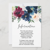 Waterverf Bourgondië Navy Flowers Wedding Info Kaart (Voorkant)