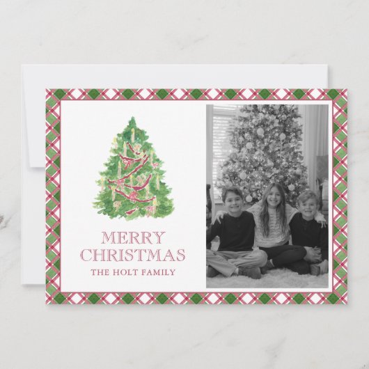 Waterverf Bourgondië Plaid Kerstboom Foto Feestdagenkaart (Voorkant)