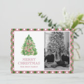 Waterverf Bourgondië Plaid Kerstboom Foto Feestdagenkaart (Staand voorkant)