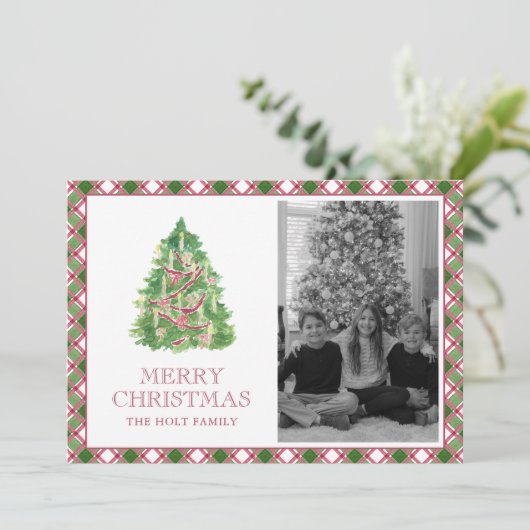 Waterverf Bourgondië Plaid Kerstboom Foto Feestdagenkaart (Staand voorkant)