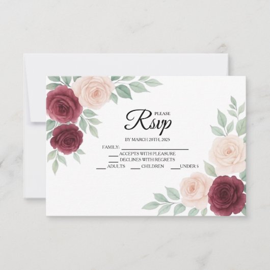 Waterverf Bourgondië Roos Bloemen Huwelijk RSVP Ka (Voorkant)