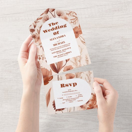 Waterverf Bourgondië Wildflowers Bruiloft All In One Uitnodiging (Afscheurbaar)