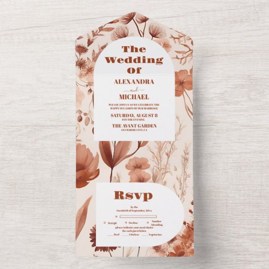Waterverf Bourgondië Wildflowers Bruiloft All In One Uitnodiging (Binnen)