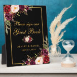 Waterverf Bourgondië Zwart Goud Bruiloft Gastenboe Fotoplaat<br><div class="desc">Waterverf Bloemen Bourgogne Zwart & Goud Bruiloft Gastenboek Tafelplaque</div>