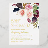 Waterverf Bourgondische bloemen en vijgen Baby sho Folie Uitnodiging (Voorkant)