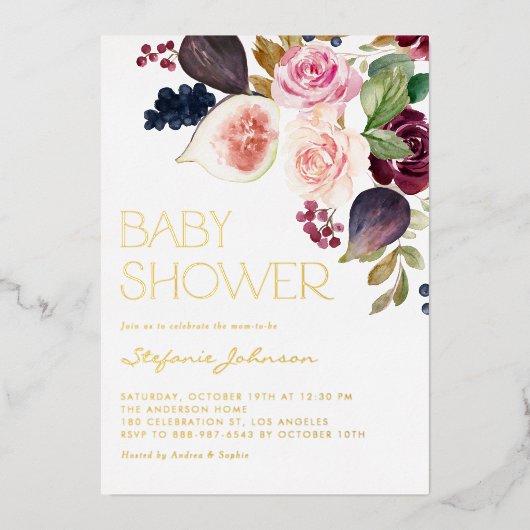 Waterverf Bourgondische bloemen en vijgen Baby sho Folie Uitnodiging (Voorkant)