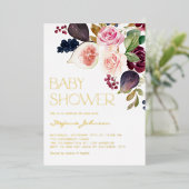 Waterverf Bourgondische bloemen en vijgen Baby sho Folie Uitnodiging (Staand Voorkant)