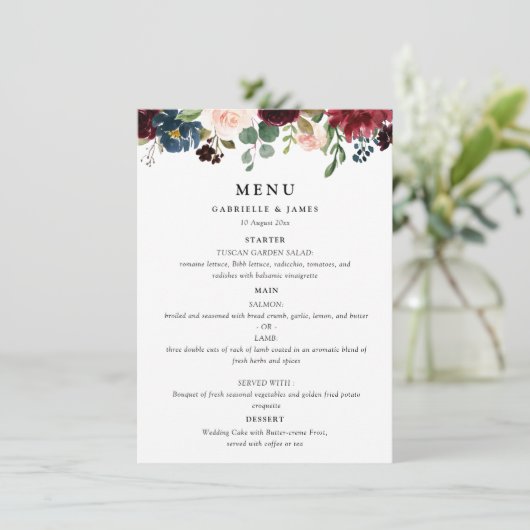waterverf Bourgondische marine bloemenbruiloft men Menu (Staand voorkant)