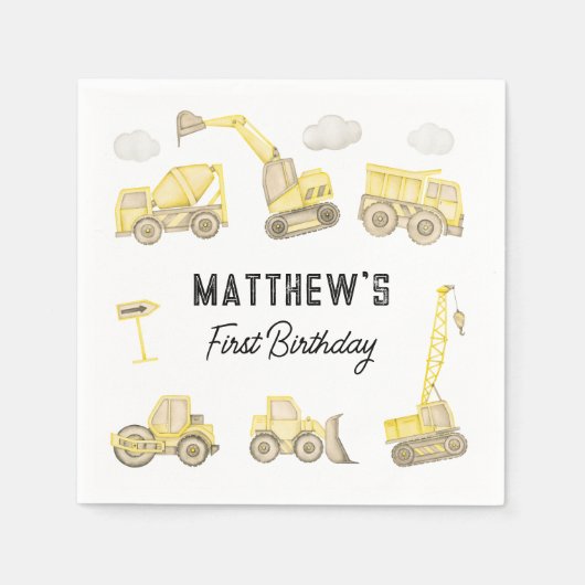 Waterverf Bouwvoertuig Eerste Verjaardag Servet (Voorkant)