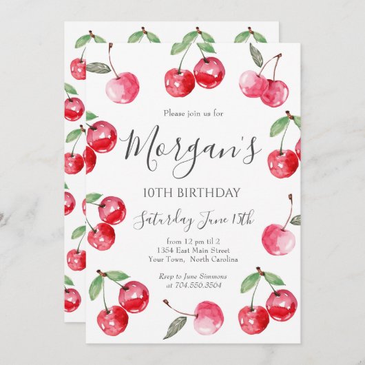 Waterverf Bow Cherry verjaardagsuitnodiging Kaart (Voorkant / Achterkant)
