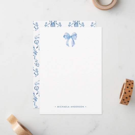 Waterverf Bow & Damask Aangepaste naam Gepersonali Notitiekaartje (Voorkant / Achterkant in situ)