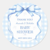 Waterverf Bow Gingham Blue Baby Jongensdouche Ronde Sticker (Voorkant)