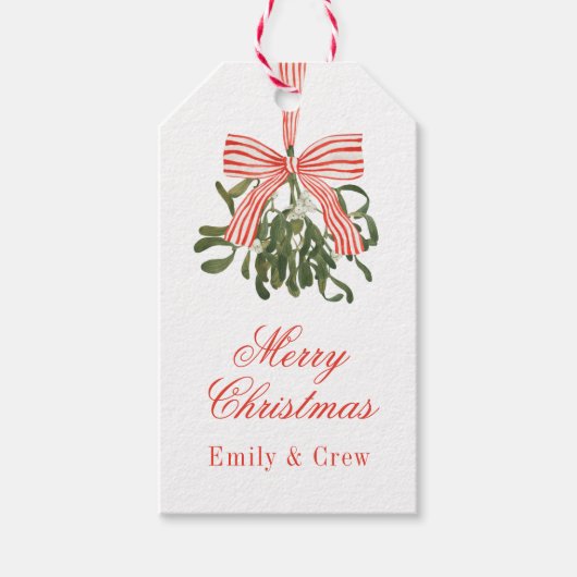 Waterverf Bow Mistletoe Christmas Cadeaulabel (Voorkant)