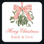 Waterverf Bow Mistletoe Christmas Vierkante Sticker<br><div class="desc">PreppyPrint.com - Vier Kerstmis in stijl! Voeg uw persoonlijke touch toe. Breng dit ontwerp ook over op de producten van uw keuze! Bezoek mijn designerwinkel,  PreppyPrint.com,  voor het coördineren van items.</div>