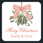 Waterverf Bow Mistletoe Christmas Vierkante Sticker<br><div class="desc">PreppyPrint.com - Vier Kerstmis in stijl! Voeg uw persoonlijke touch toe. Breng dit ontwerp ook over op de producten van uw keuze! Bezoek mijn designerwinkel,  PreppyPrint.com,  voor het coördineren van items.</div>