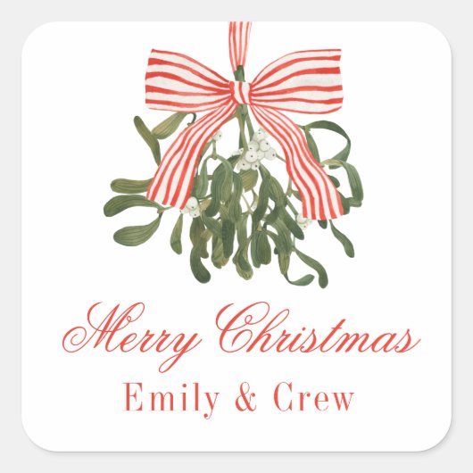 Waterverf Bow Mistletoe Christmas Vierkante Sticker (Voorkant)