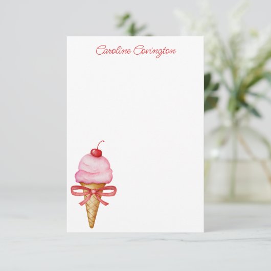 Waterverf Bow Pink Ice Cream Cone Bedankkaart (Staand voorkant)