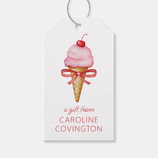 Waterverf Bow Pink Ice Cream Cone Cadeaulabel (Voorkant)