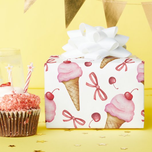 Waterverf Bow Pink Ice Cream Cone Cadeaupapier (Verjaardagsfeest)