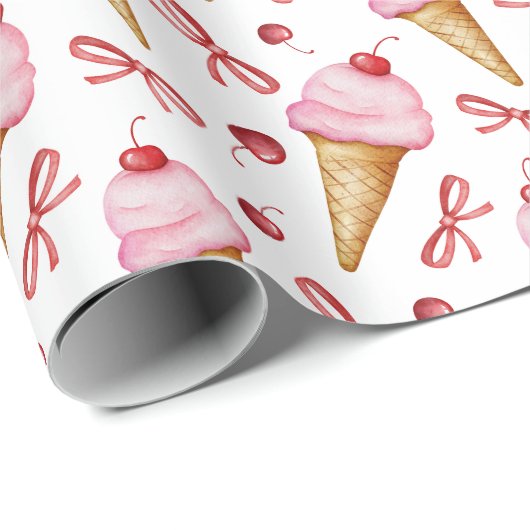 Waterverf Bow Pink Ice Cream Cone Cadeaupapier (Rol Hoek)