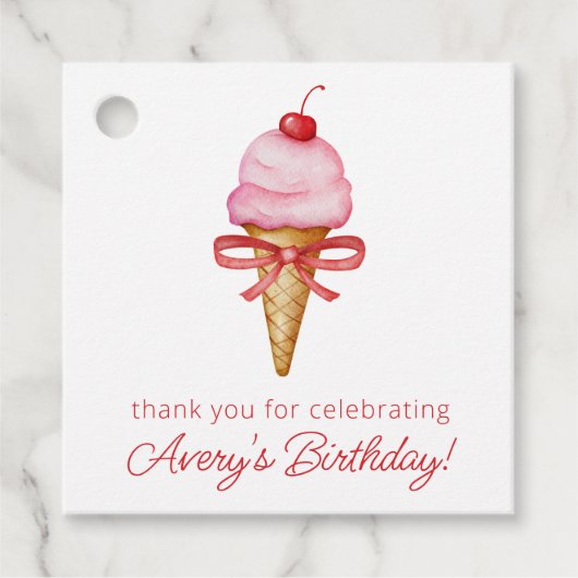 Waterverf Bow Pink Ice Cream Cone Party Bedankjes Labels (Voorkant)