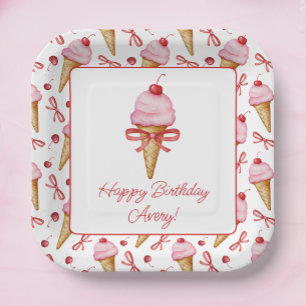 Waterverf Bow Pink Ice Cream Cone Party Papieren Bordje