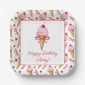 Waterverf Bow Pink Ice Cream Cone Party Papieren Bordje (Voorkant)