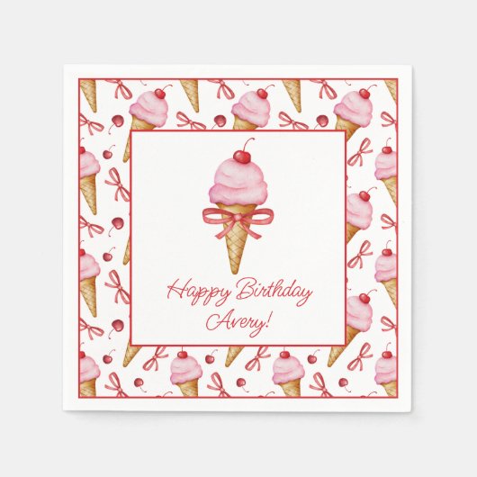 Waterverf Bow Pink Ice Cream Cone Party Servet (Voorkant)