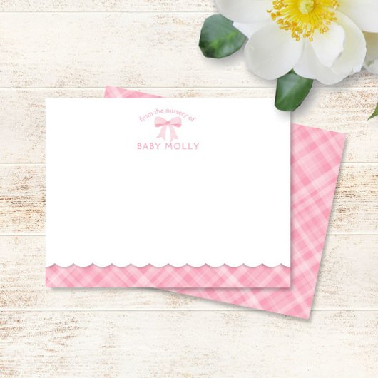 Waterverf Bow Preppy Roze Plaid Baby Note Kaart Notitiekaartje