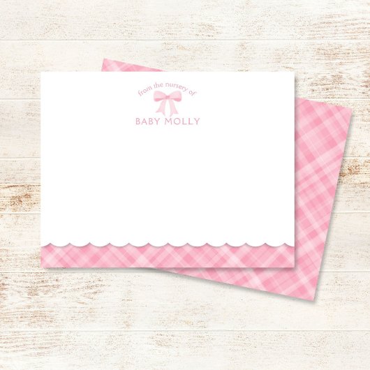 Waterverf Bow Preppy Roze Plaid Baby Note Kaart Notitiekaartje