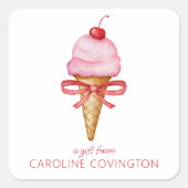 Waterverf Bow Roze Ice Cream Cone Gift Enclosure Vierkante Sticker (Voorkant)
