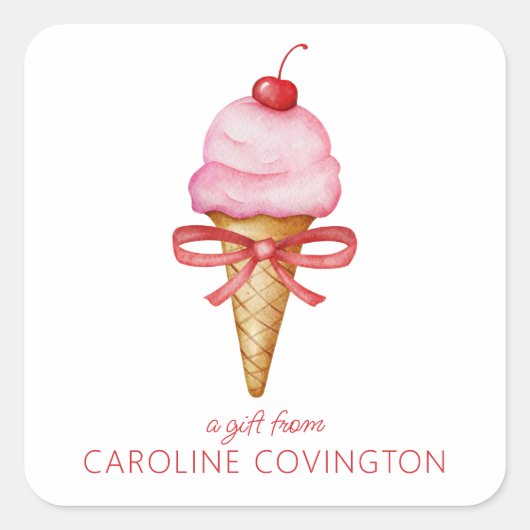 Waterverf Bow Roze Ice Cream Cone Gift Enclosure Vierkante Sticker (Voorkant)