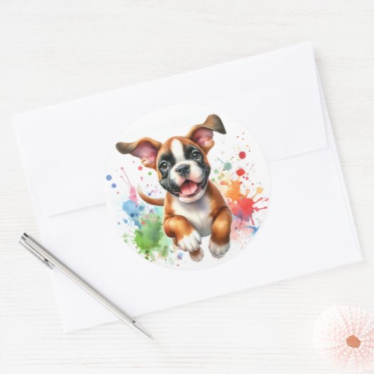Waterverf Boxer Dog Joy Ronde Sticker (Envelop)