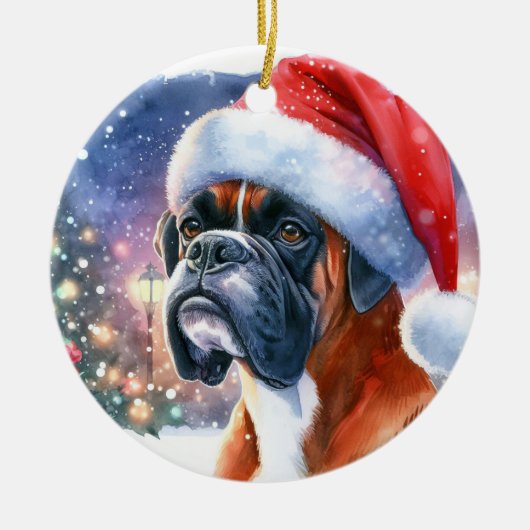 Waterverf Boxer Dog Santa Hat Christmas Keramisch Ornament (Voorkant)