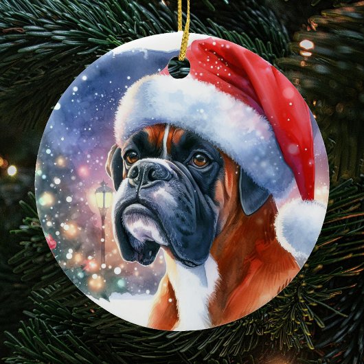 Waterverf Boxer Dog Santa Hat Christmas Keramisch Ornament