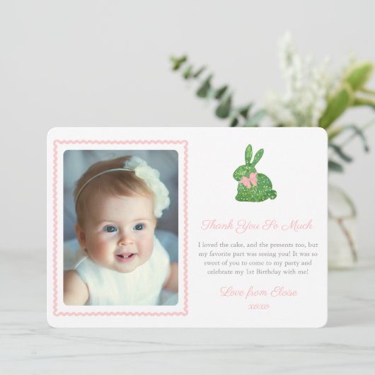 Waterverf Boxwood Spring Bunny Pink Bow Afbeelding Bedankkaart (Staand voorkant)