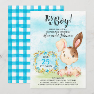 Waterverf Boy Bunny Baby shower Boerderij Uitnodig Kaart