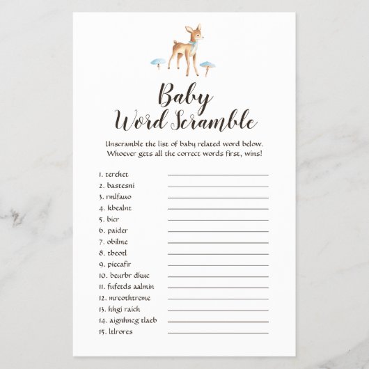 Waterverf Boy Deer op Witte Baby Word Scramble Flyer (Voorkant)