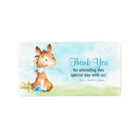 Waterverf Boy Horse Baby shower Boerderij Dank u Etiket (Voorkant)