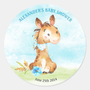 Waterverf Boy Horse Baby shower Boerderij Ronde Sticker