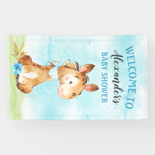 Waterverf Boy Horse Baby shower Boerderij Spandoek (Horizontaal)