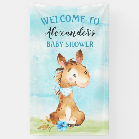 Waterverf Boy Horse Baby shower Boerderij Spandoek (Verticaal)