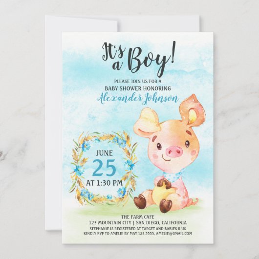 Waterverf Boy Piggy Baby shower Boerderij Uitnodig Kaart (Voorkant)
