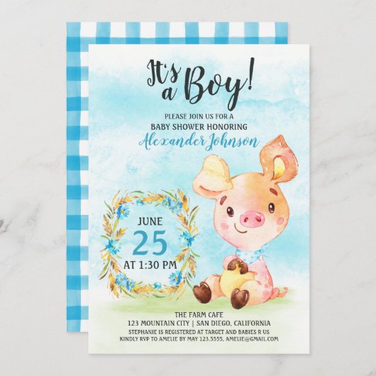 Waterverf Boy Piggy Baby shower Boerderij Uitnodig Kaart (Voorkant / Achterkant)
