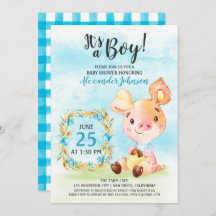 Waterverf Boy Piggy Baby shower Boerderij Uitnodig