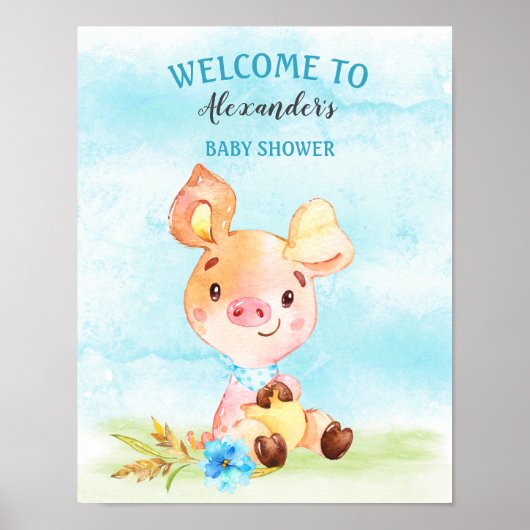 Waterverf Boy Piggy Boerderij Baby shower Poster (Voorkant)