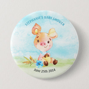 Waterverf Boy Piggy Boerderij Baby shower Ronde Button 7,6 Cm