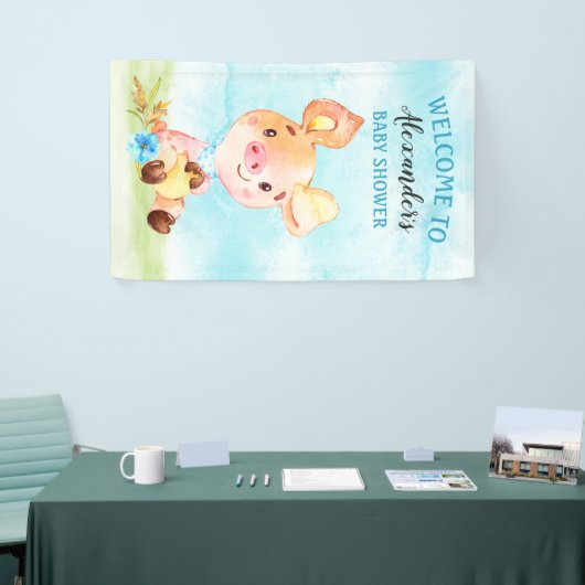 Waterverf Boy Piggy Boerderij Baby shower Spandoek (Beurs)