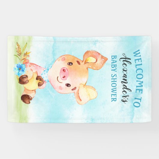 Waterverf Boy Piggy Boerderij Baby shower Spandoek (Horizontaal)