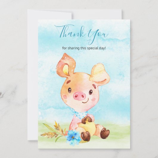Waterverf Boy Piggy Boerderij Dank u Bedankkaart (Voorkant)